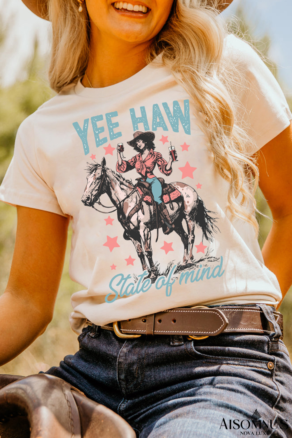 White YEE HAW State of  mind Cowgirl Graphic Western Fashion Tee