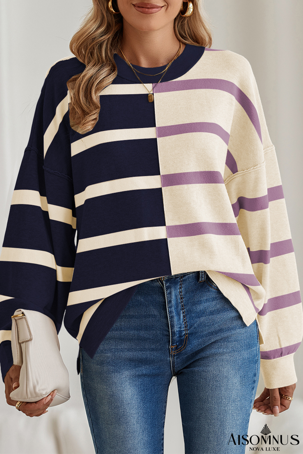 Blue Stripe Exposed Seam Patchwork Loose Sweater