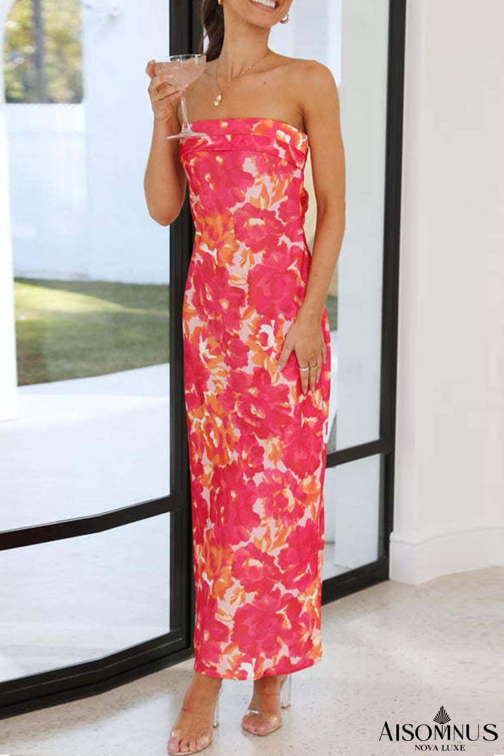 Orange Floral Print Backless Slim Fit Tube Maxi Dress