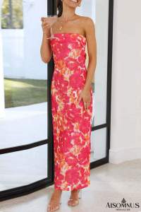 Orange Floral Print Backless Slim Fit Tube Maxi Dress