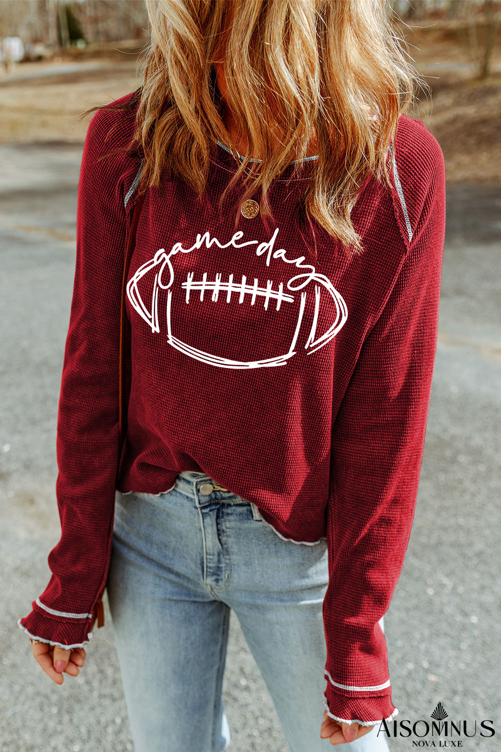 Red Waffle Rugby Graphic Contrast Hem Sweatshirt