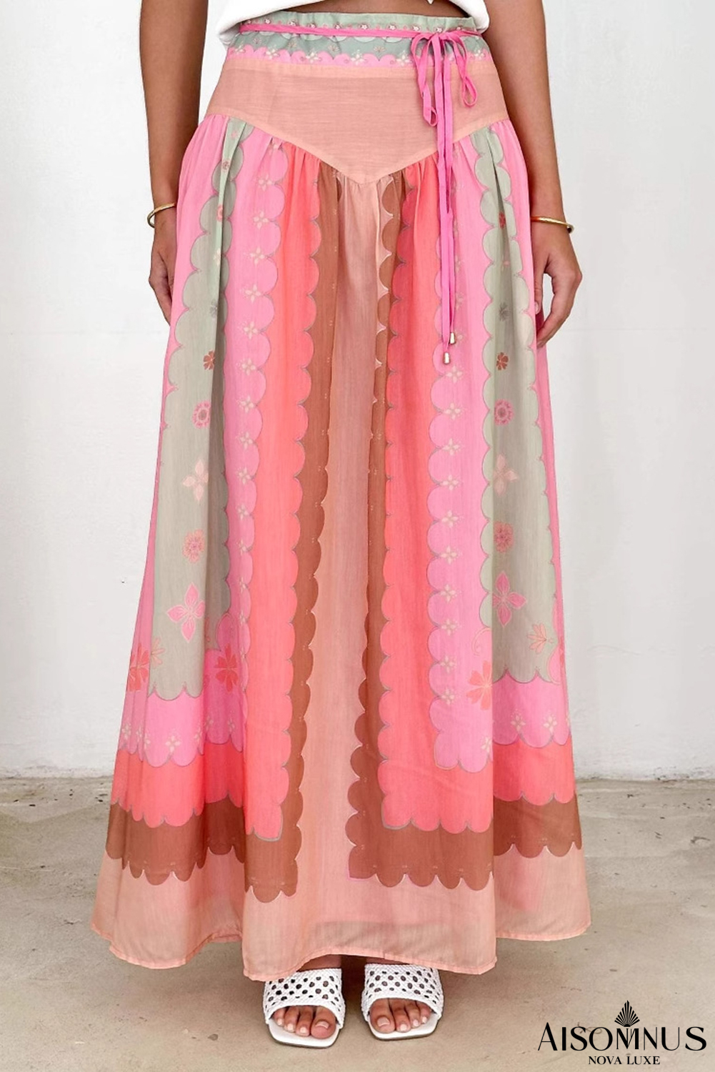 Pink Floral Colorblock Tie High Waist Maxi Skirt