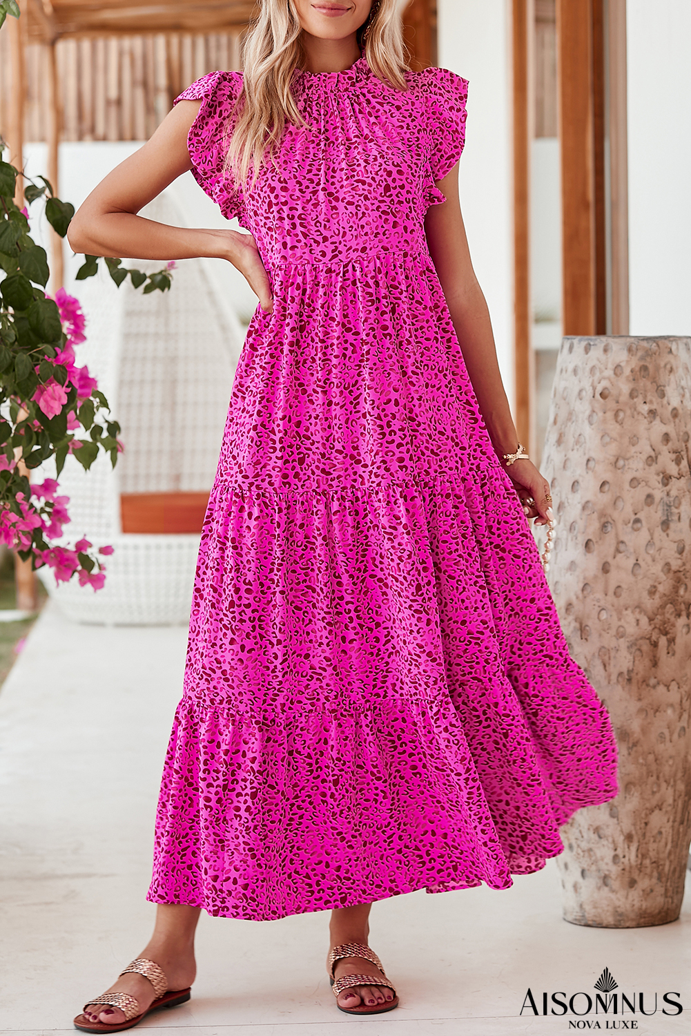 Rose Red Leopard Print Ruffle Sleeveless Maxi Dress