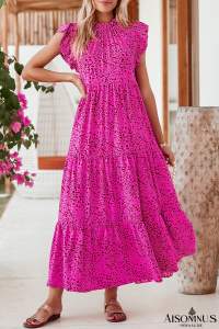 Rose Red Leopard Print Ruffle Sleeveless Maxi Dress