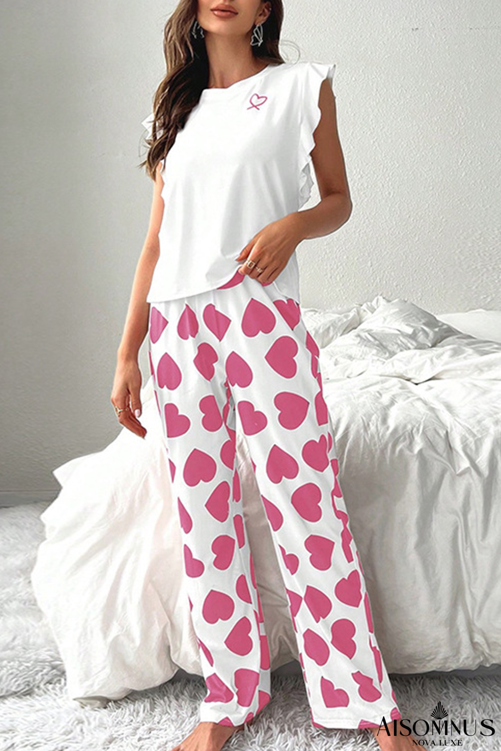 Pink Heart Print Ruffle Sleeveless Top and Pants Pajama Set