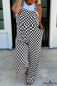 Black Checkered Print Pocketed Wide Leg Overall