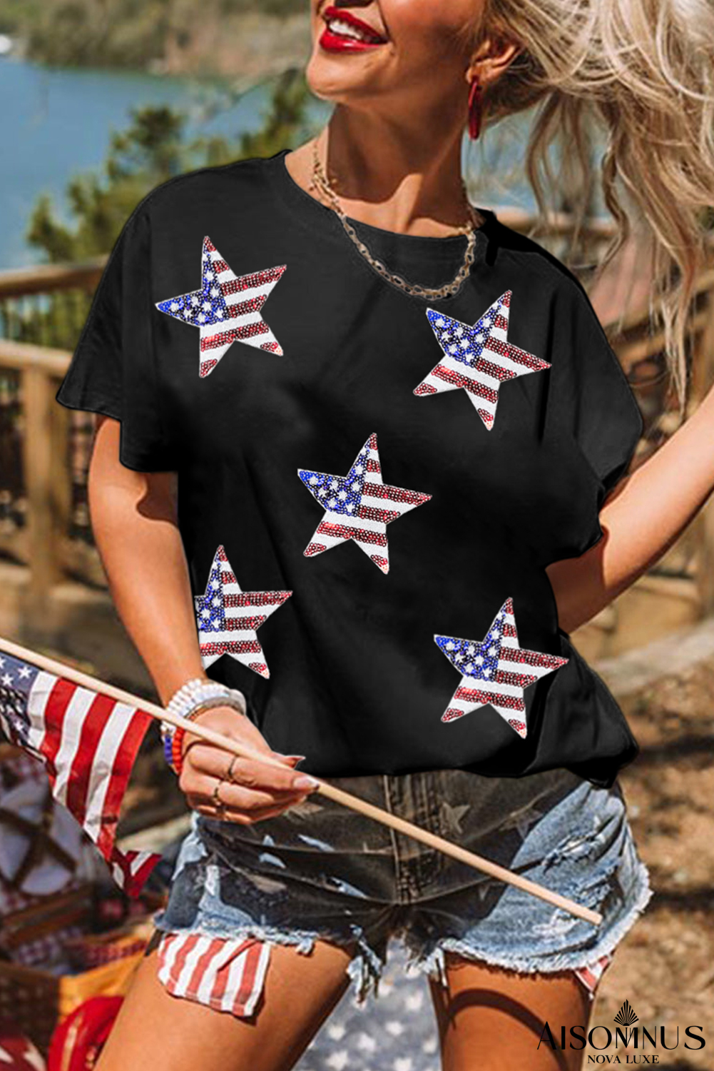 Black Sequined American Flag Star Graphic T Shirt