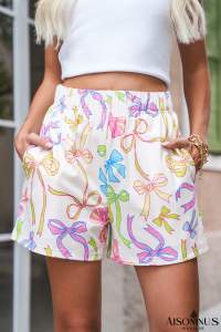 White Colorful Bow Print Pocket Shorts