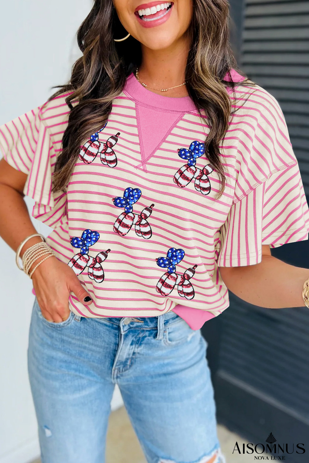 Sachet Pink Striped 4th of July Sequin Balloon Dog Patched Ruffled Short Sleeve Top