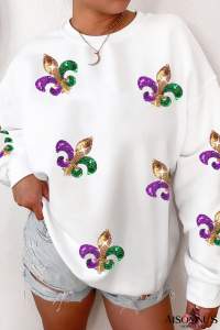White Sequin MARDI GRAS Graphic Pullover Sweatshirt