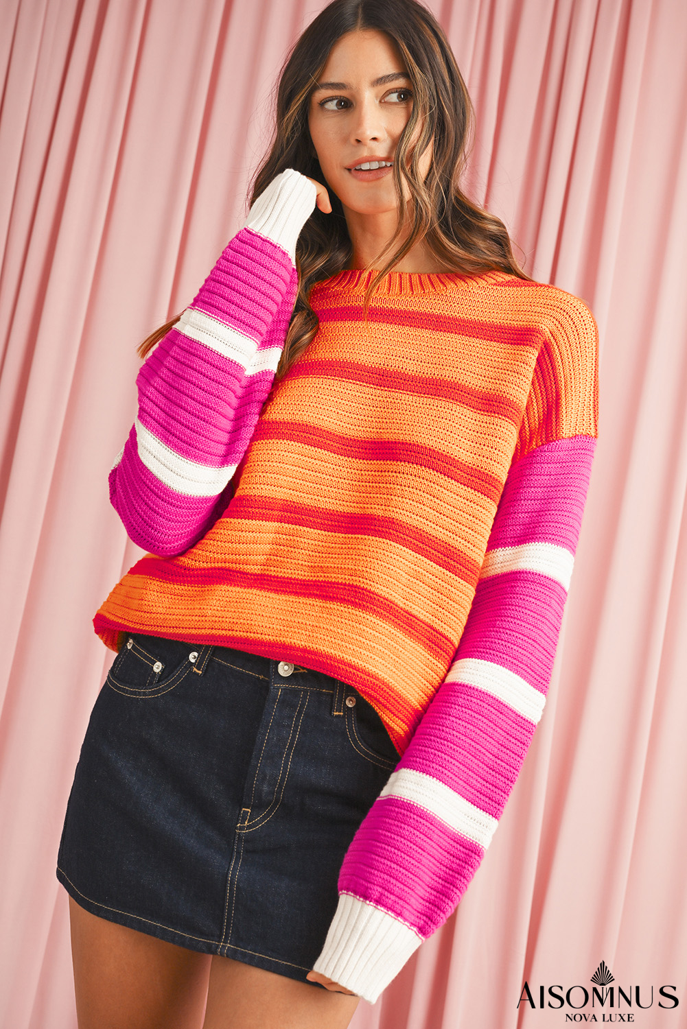 Orange Striped Colorblock Puff Sleeve Sweater