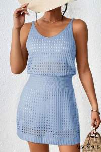 Sky Blue Hollow Out Beach Cover Up Dress