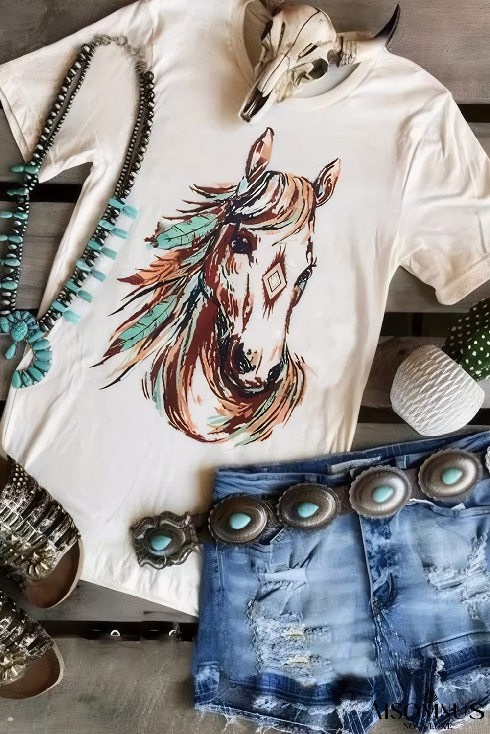 White Western Aztec Horse Graphic Tee