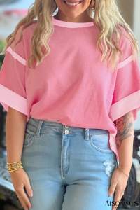 Peach Blossom Color Block Patchwork Plus Size Top