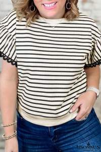 Black Stripe Scallop Lace Trim Ruffle Sleeves Plus Size Top