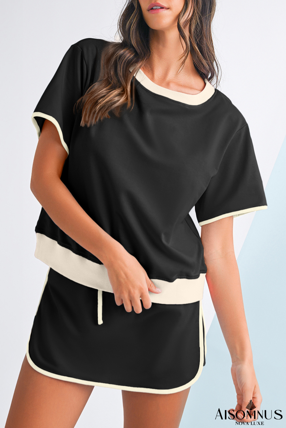 Black Colorblock Edge Drop Shoulder T Shirt and Skort Set