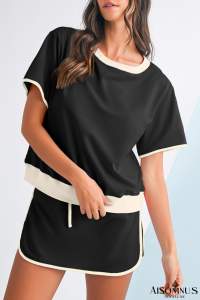 Black Colorblock Edge Drop Shoulder T Shirt and Skort Set