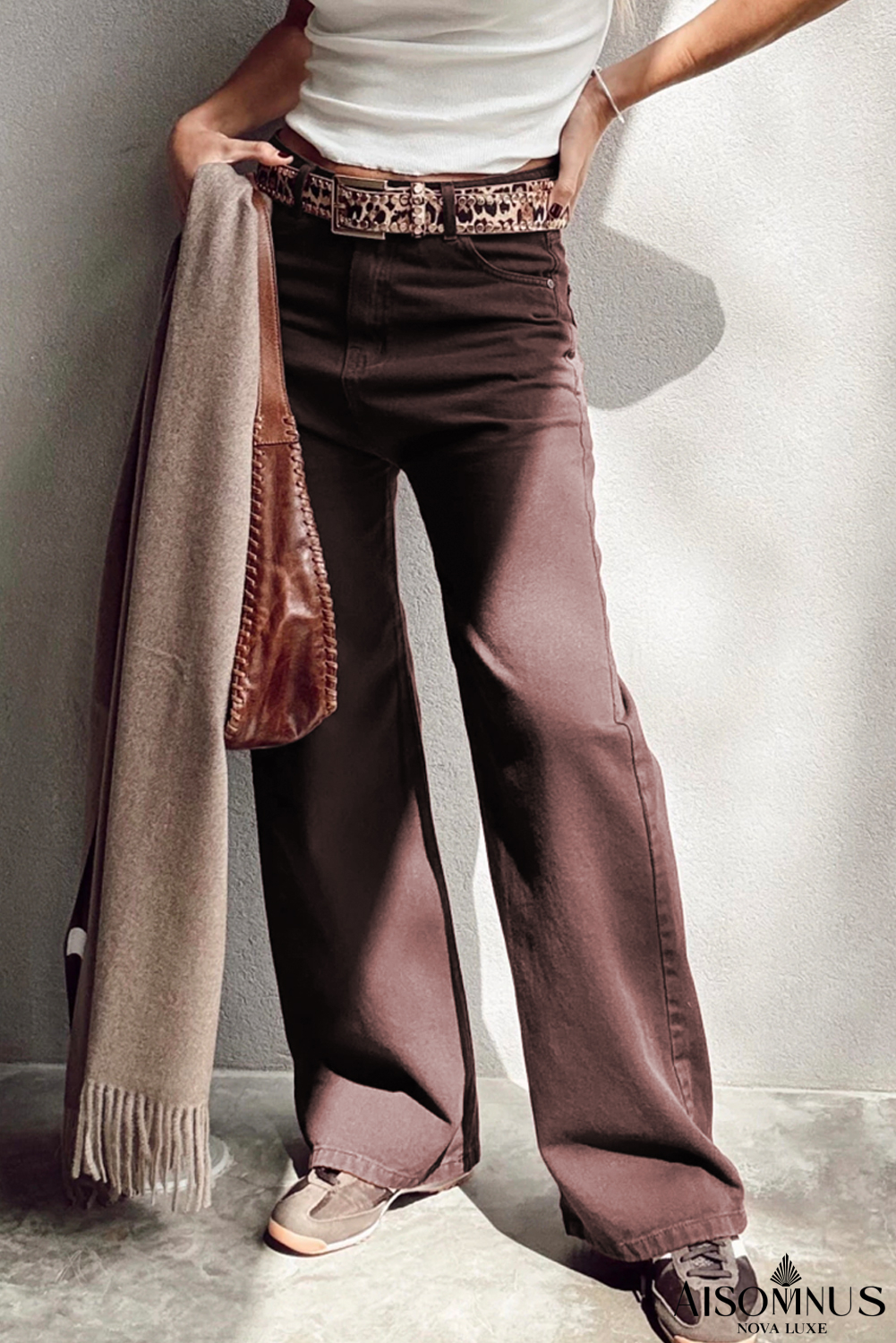 Coffee Solid Color Loose Straight High Waist Jeans