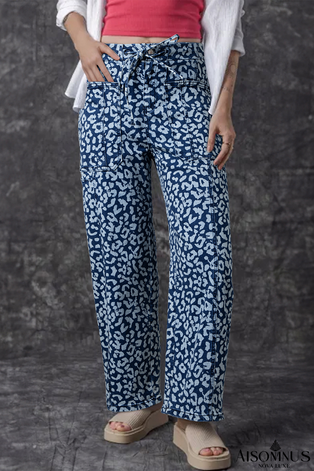 Blue Leopard Print Drawstring Waist Pocketed Wide Leg Jeans