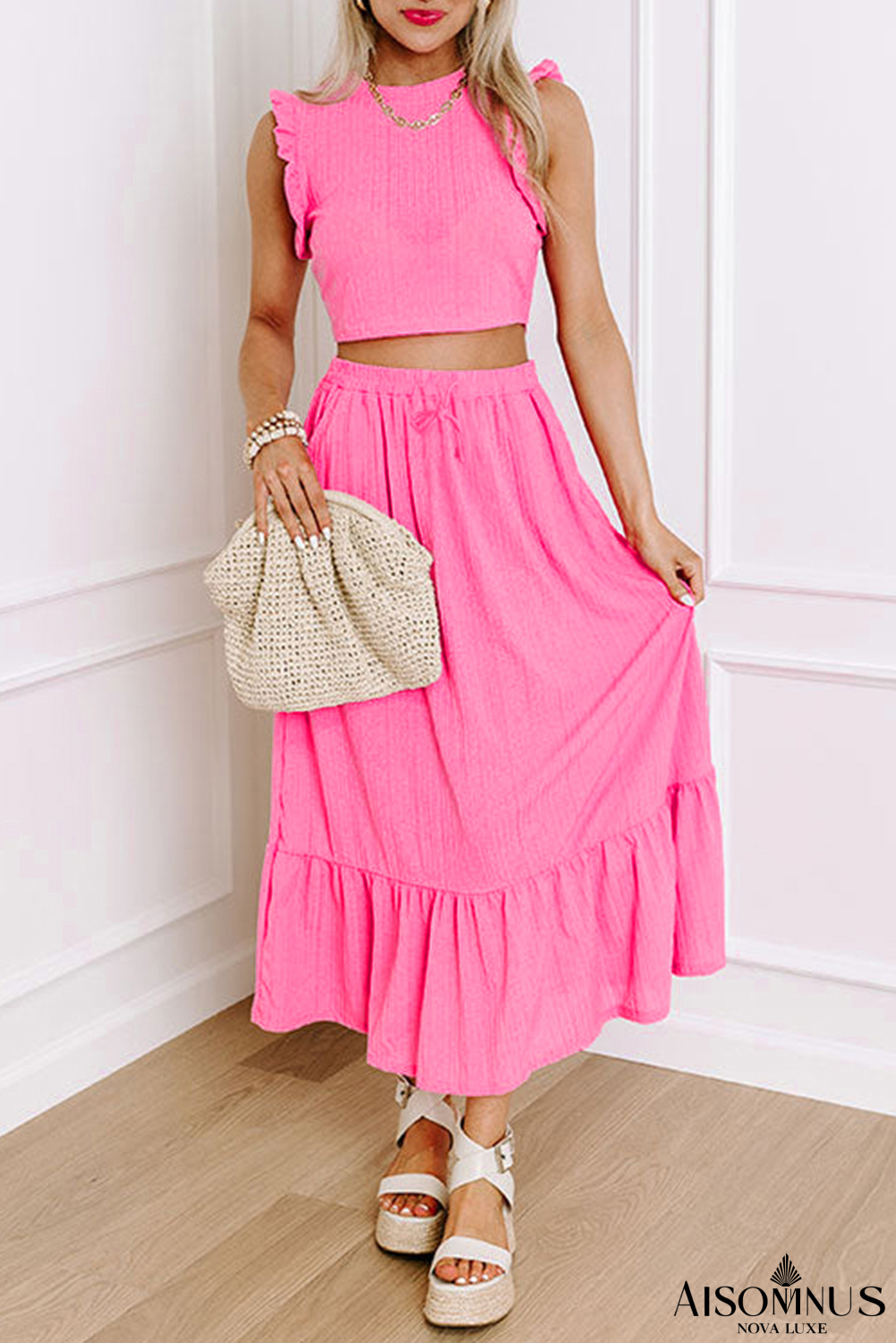 Bonbon Textured Ruffle Trim Crop Top and Drawstring Skirt Set