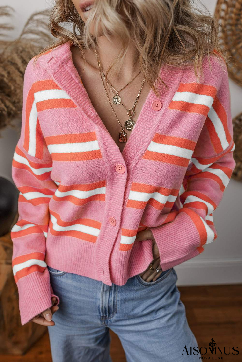 Pink Stripe Button-up Short Cardigan