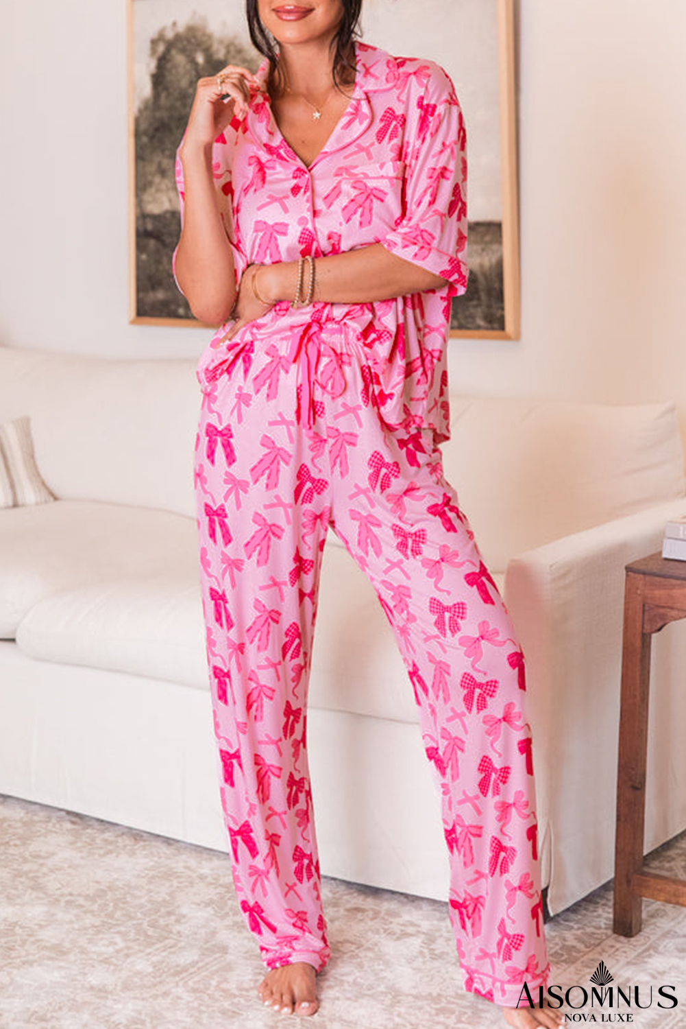 Pink Bow Knot Print Lapel Collar Short Sleeve and Pants Pajamas Set