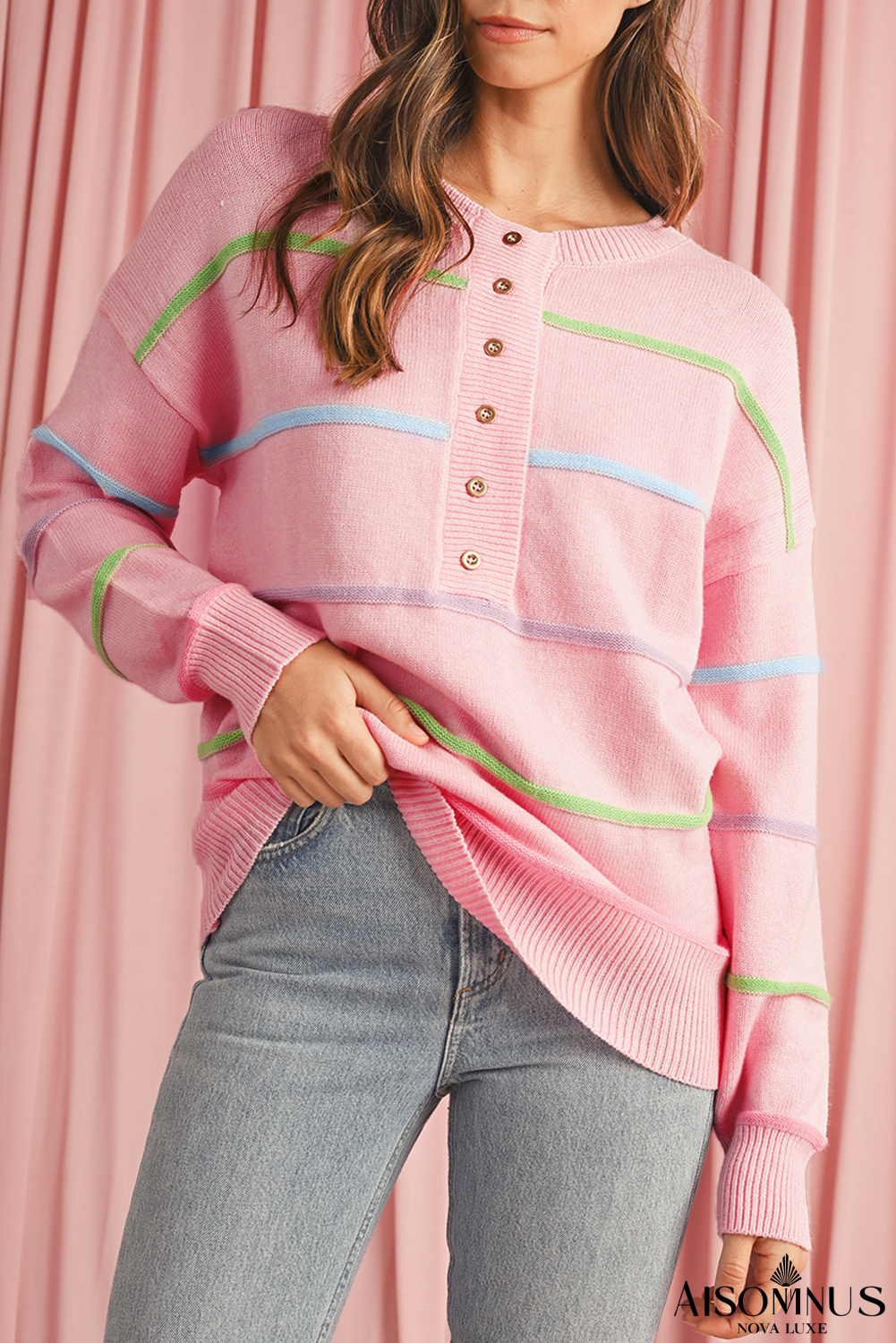 Pink Rainbow Striped Drop Sleeve Henley Sweater