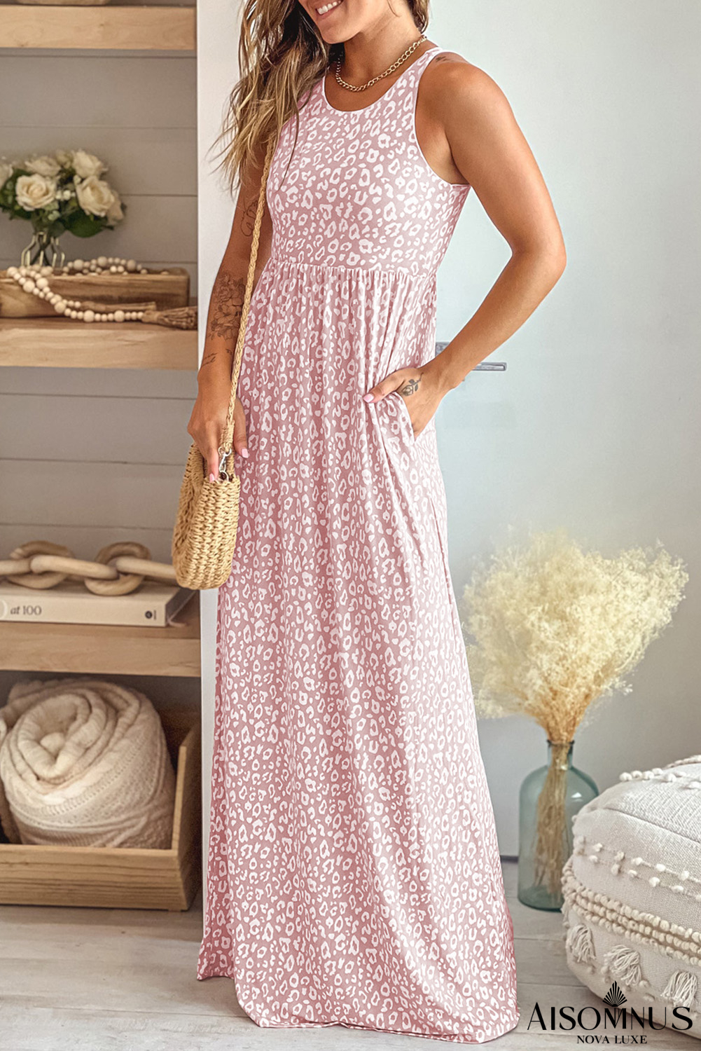 Pink Sleeveless Floor Length Leopard Print Dress with Pockets