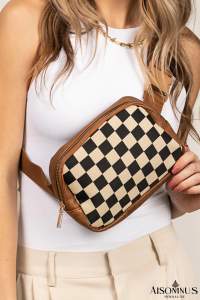 Coffee Faux Leather Checkered Patchwork Crossbody Bag