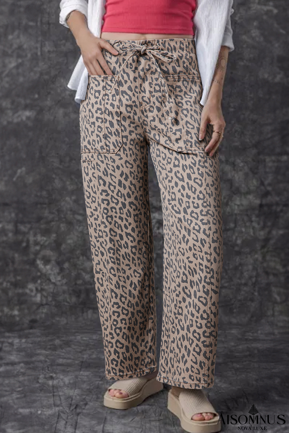 Khaki Leopard Print Drawstring Waist Pocketed Wide Leg Jeans