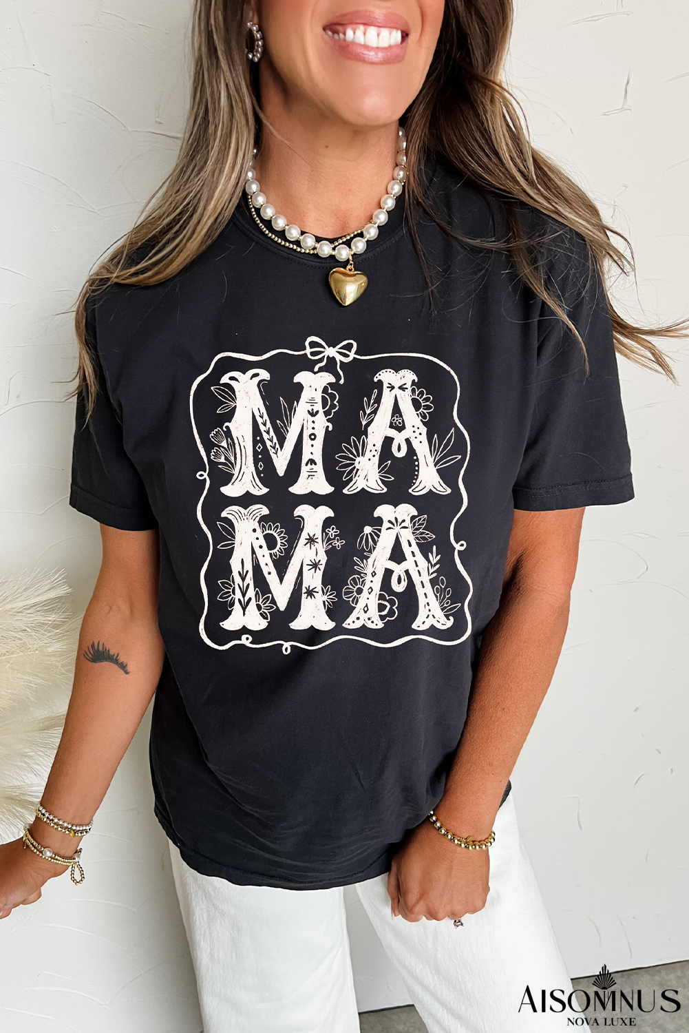 Black MAMA Floral Graphic Tee