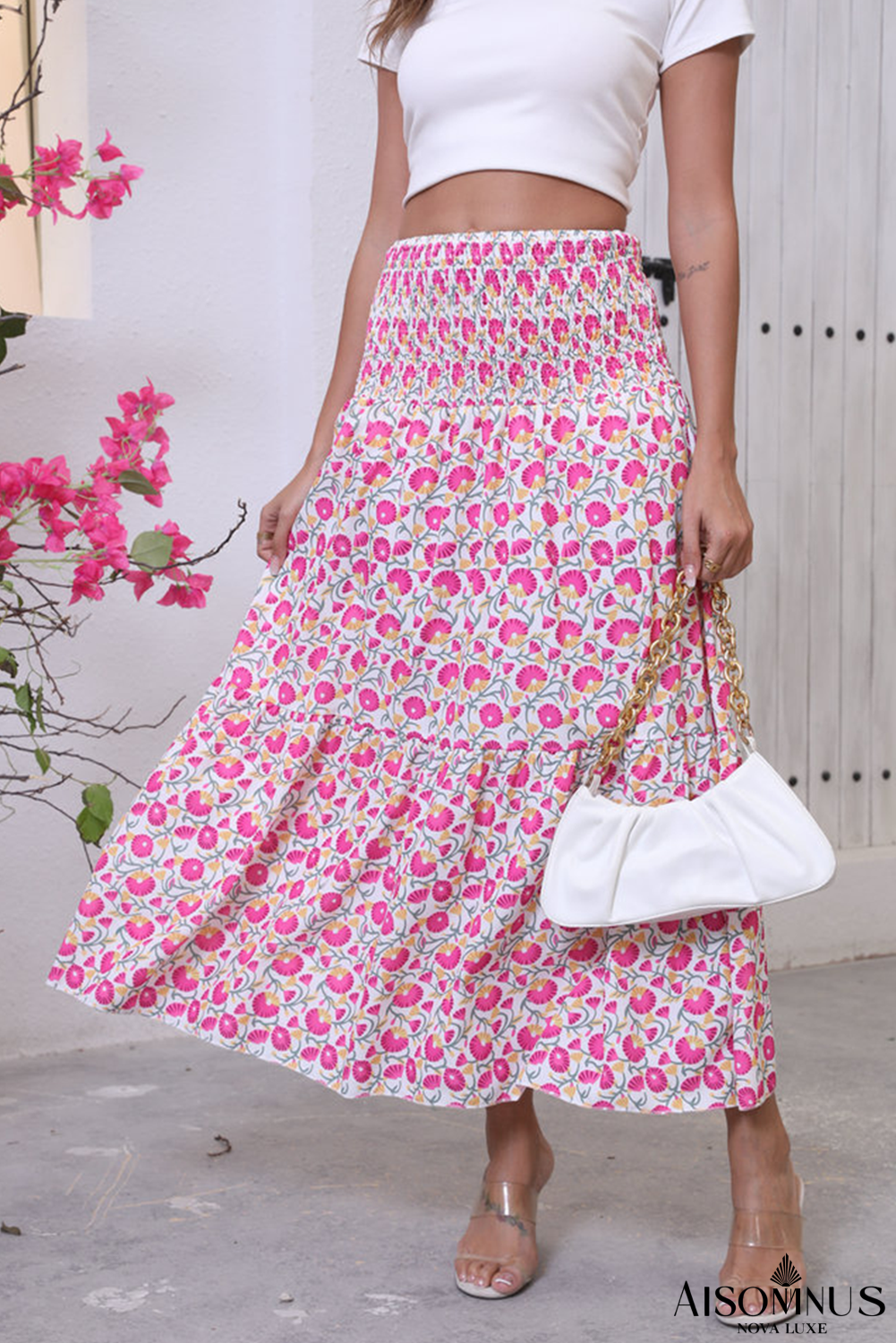 Pink Boho Floral Print Shirred Large Swing Skirt