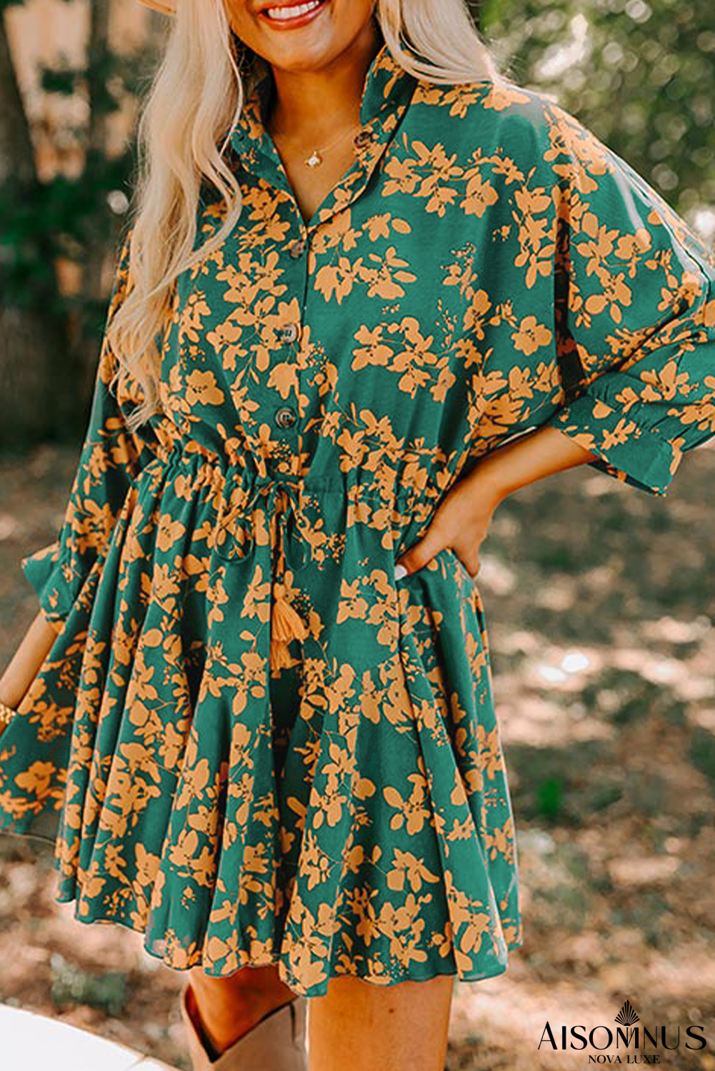 Green Floral Print Drawstring Flowy Short Dress