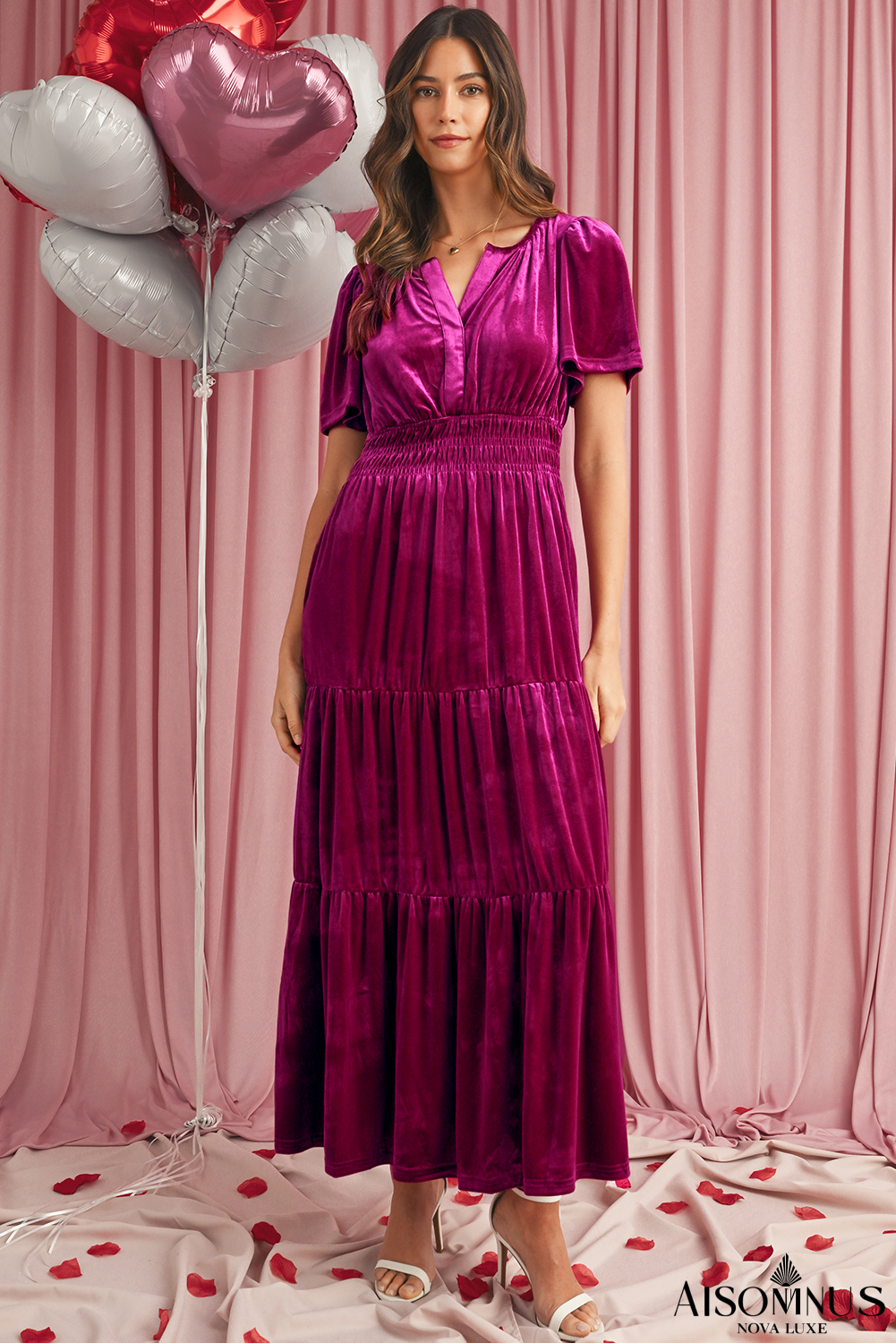 Red Dahlia Velvet Short Sleeve Shirred Waist Tiered Maxi Dress