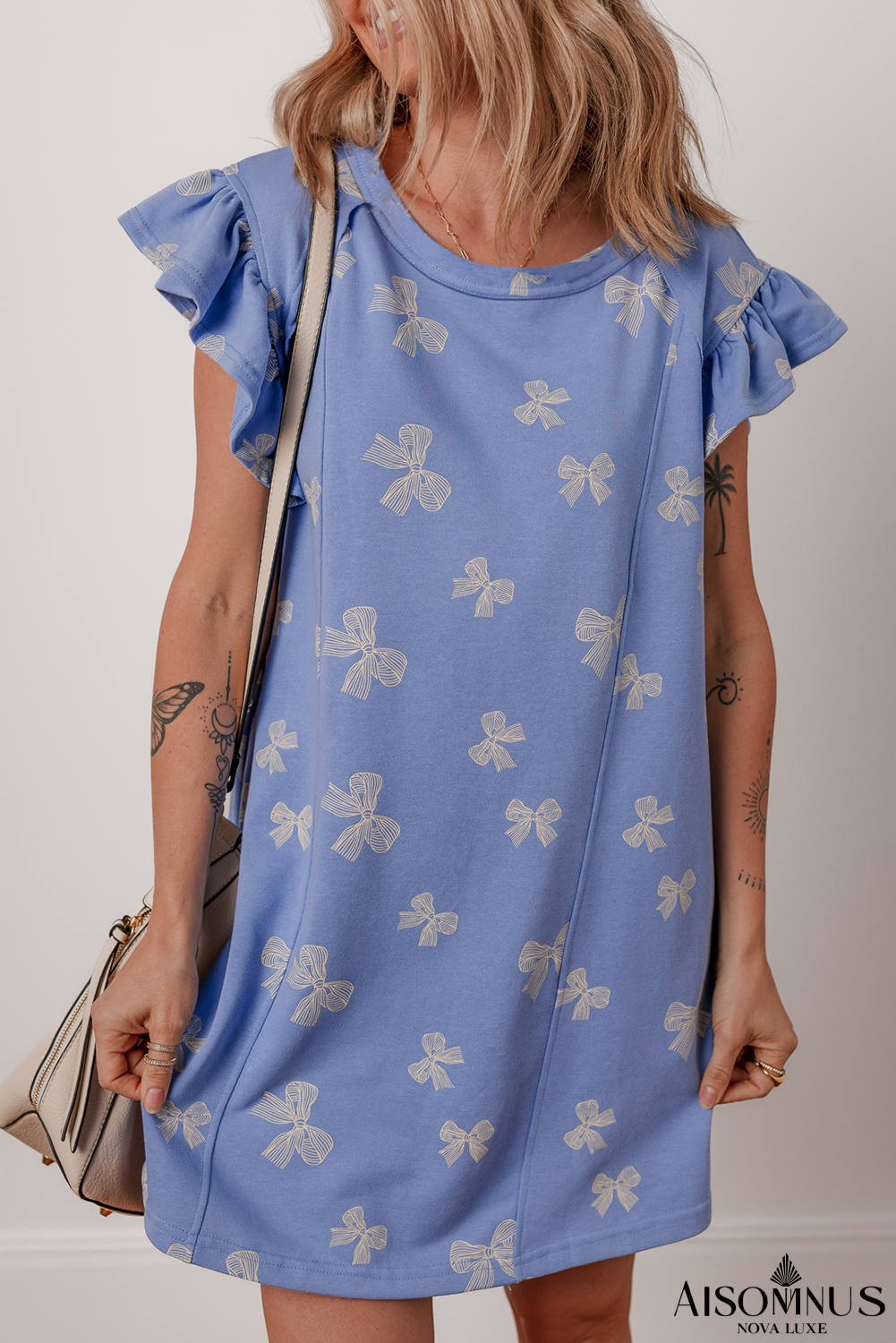 Sky Blue Bow Print Ruffle Sleeve Mini Dress