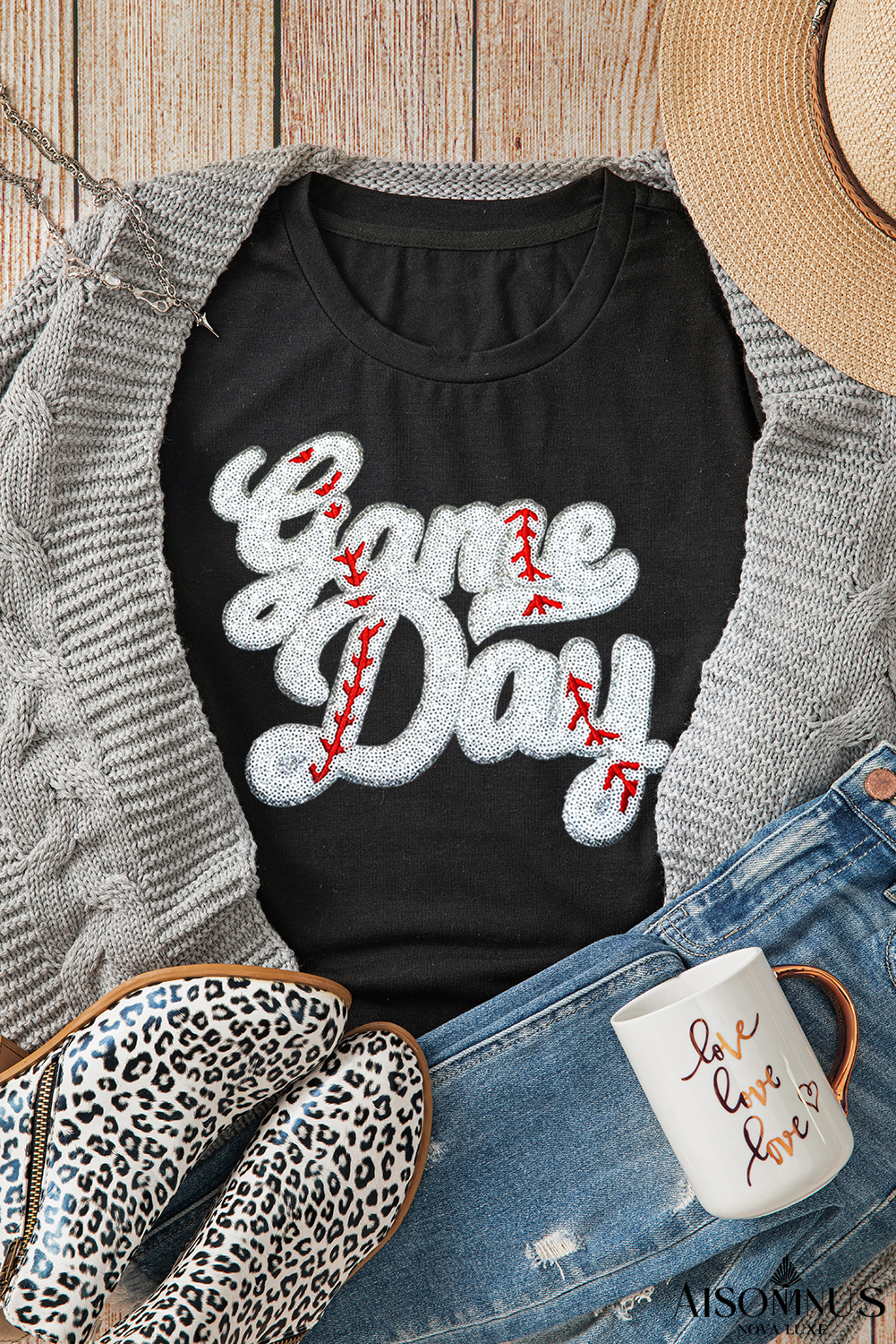 Black Game Day Baseball Graphic Crew Neck Tee