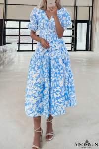 Sky Blue Floral Print Deep V Neck Puff Sleeve Flowy Dress
