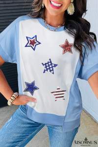 Sky Blue Patriotic Star Patched Colorblock T Shirt
