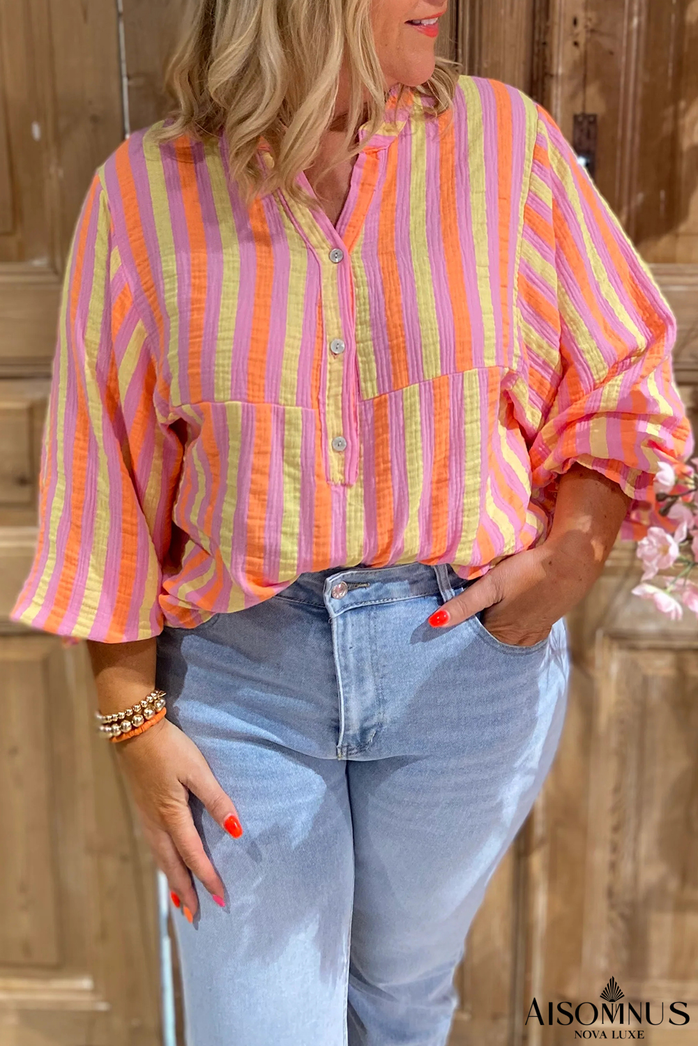 Pink Striped Crinkled Buttons V Neck Plus Size Blouse