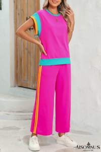 Strawberry Pink Colorblock Cap Sleeve Tee and Wide Leg Pants Set