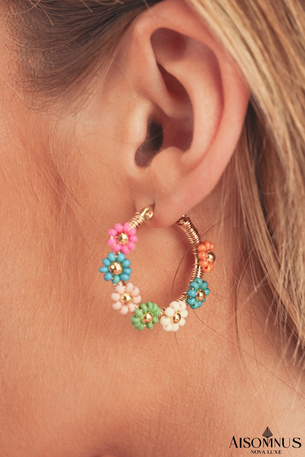 Pink Contrast Beaded Flowers Round Shape Dropping Earrings