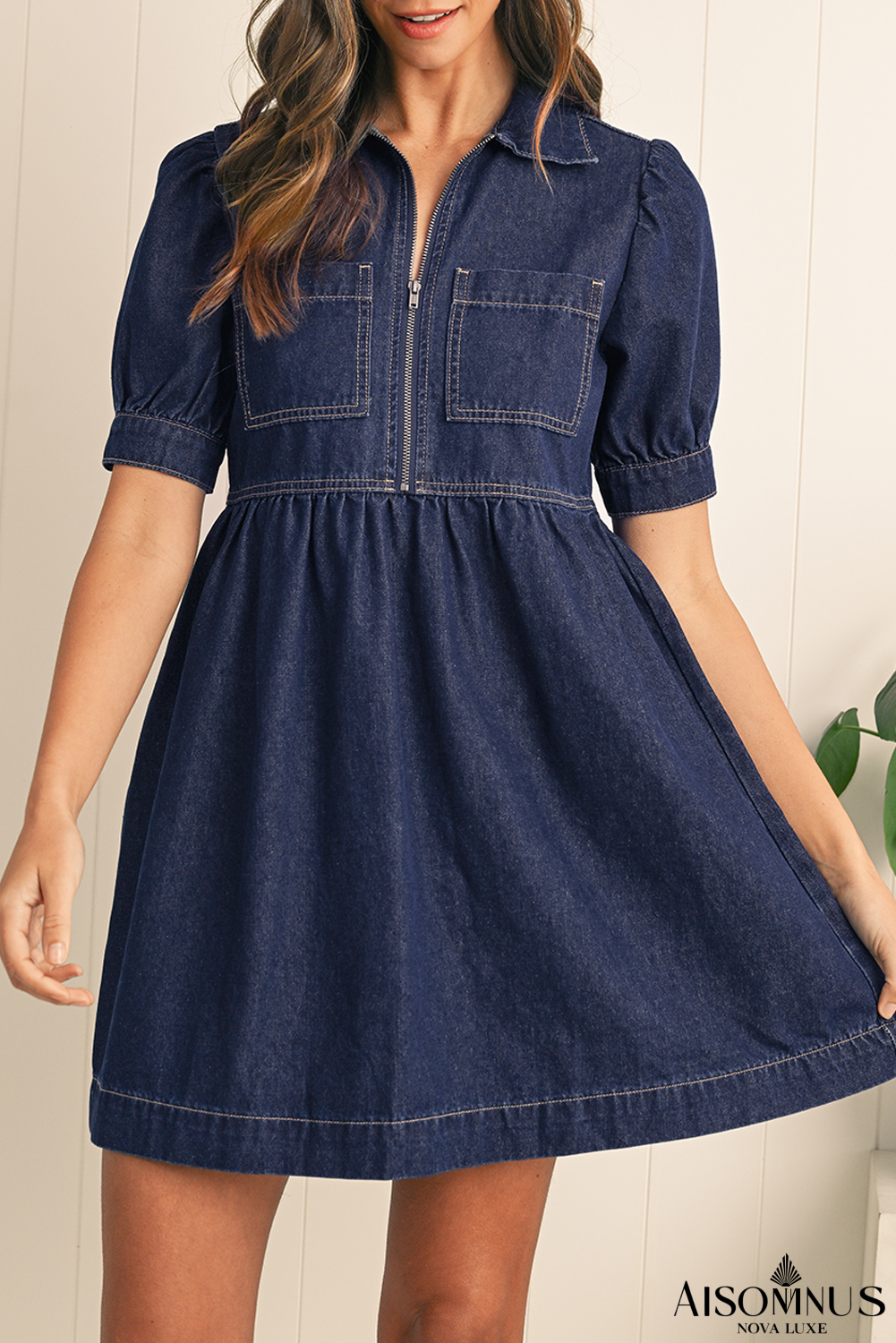 Dirty Blue Puff Sleeve Half Zipper Denim Flowy Dress