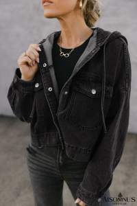 Black Chest Pocket Drop Shoulder Hooded Denim Jacket