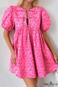Rose Leopard Puff Sleeve Tie Front High Waist Mini Dress
