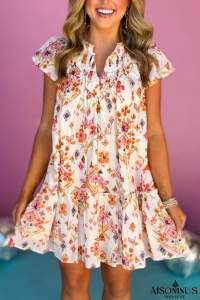 Apricot Floral Print Ruffled Trim Flutter Sleeve Mini Dress