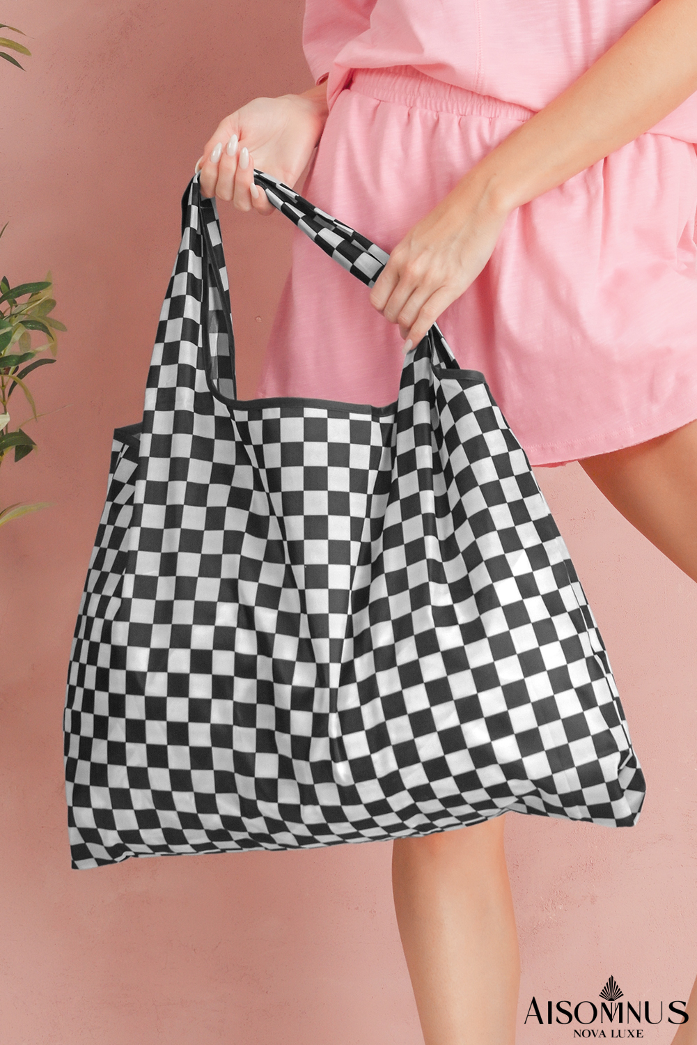 Black Checkered Print Large Capacity Canvas Tote Bag