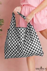 Black Checkered Print Large Capacity Canvas Tote Bag