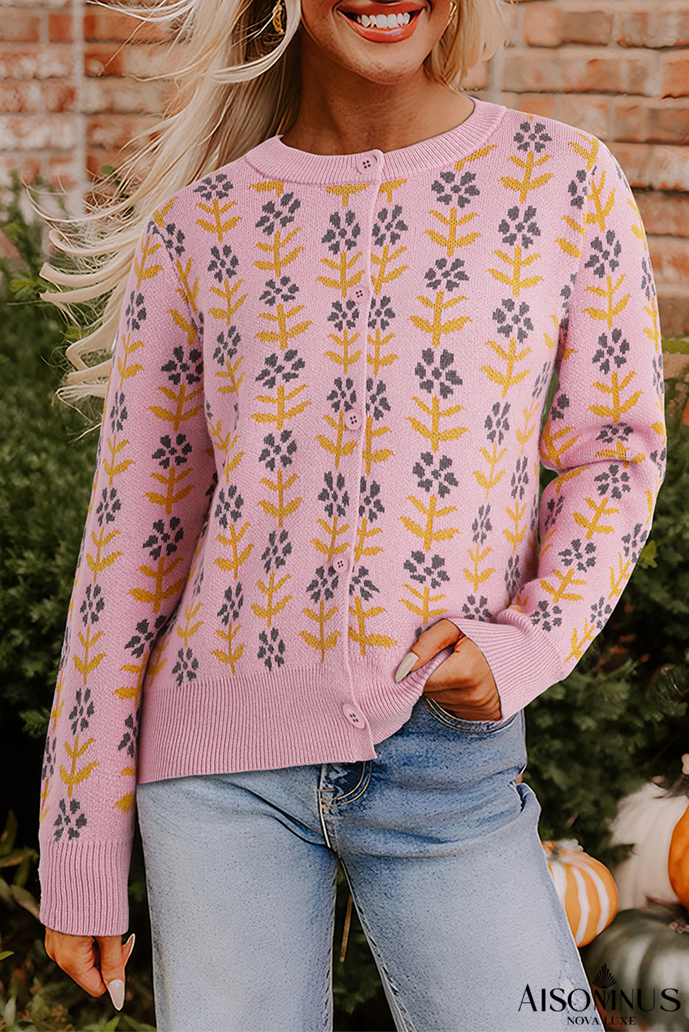 Pink Floral Button Down Ribbed Trim Knit Cardigan