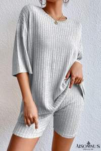 Gray Ribbed Knit Drop Shoulder T Shirt and Shorts Set