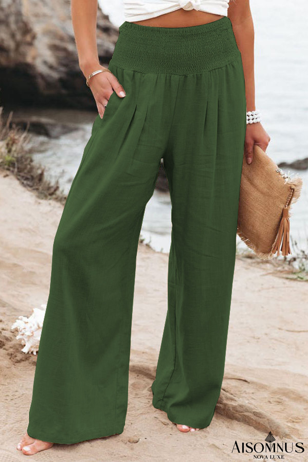 Green Smocked Wide Waistband High Waist Wide Leg Pants